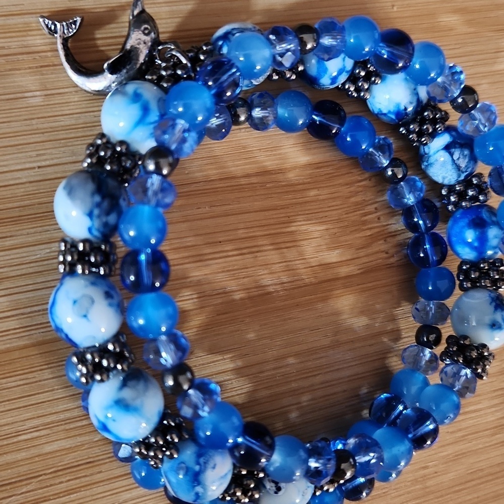 Hand Crafted Blue Beaded Wrap Bracelet with Dolphin Charm Medium